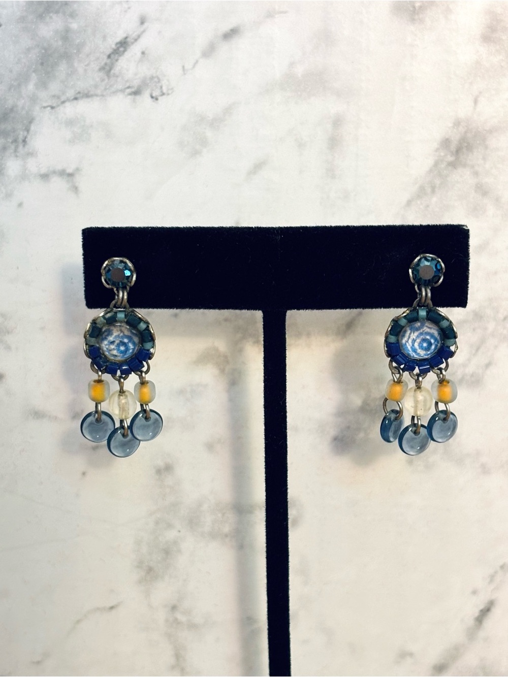 Ayala Bar Artisan Beaded Dangly Pierced Earrings Blue Silver Tone